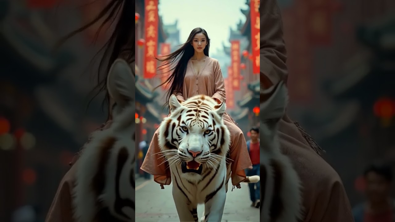 Donna affascinante cavalca una tigre feroce per le strade
